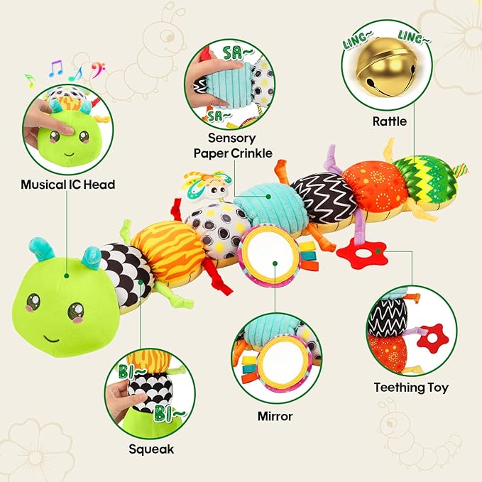 Baby Toys Musical Caterpillar for 0-12 Months, Infant Stuffed Animal with Mirror, Crinkle & Rattle, Tummy Time Toy for Newborn 3 6 9 12 18 Months, for Boys and Girls