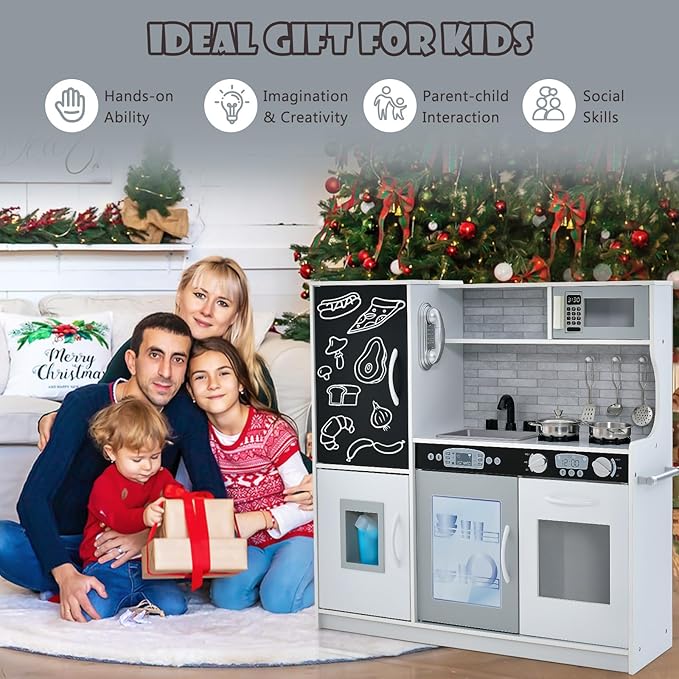 Costzon Kids Kitchen Playset, Wooden Pretend Cooking Toy Set w/Realistic Sound, Large Blackboard, Telephone, Microwave, Ice Maker, Dishwasher, Oven, Storage Space, Play Kitchen for Kids Ages 3+ (Grey)