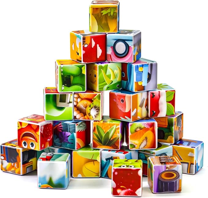 Magnetic Cubes for for Kids, 4 Packs Total 24 PCS & 24 Patterns, Pack of 4 Random Themed Puzzles Bundle, Preschool Educational Brain Teaser Toys for Toddlers
