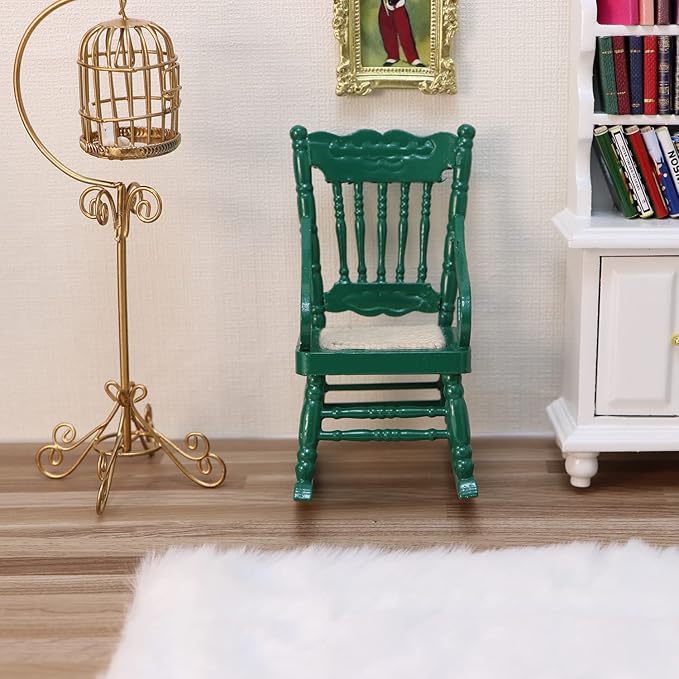 Dollhouse Miniature Rocking Chair 1:12 Scale Wooden Furniture Accessories Tiny Mini House Home Outdoor Cake Topper Decoration Model Living Room Scene Christmas Craft Displays (Green)