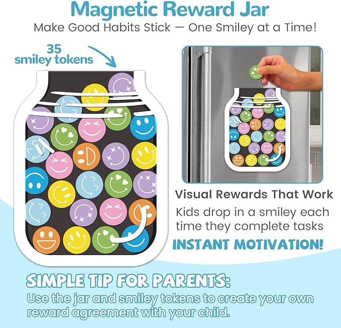 JJPRO Magnetic to Do List for Kids with Smiley Faces Reward Jar- 10" x5.5“ Home Chore Chart for Fridge,Daily Checklist for Toddlers,Magnetic Reward Jar Positive Behavior Training -Blue&Pink