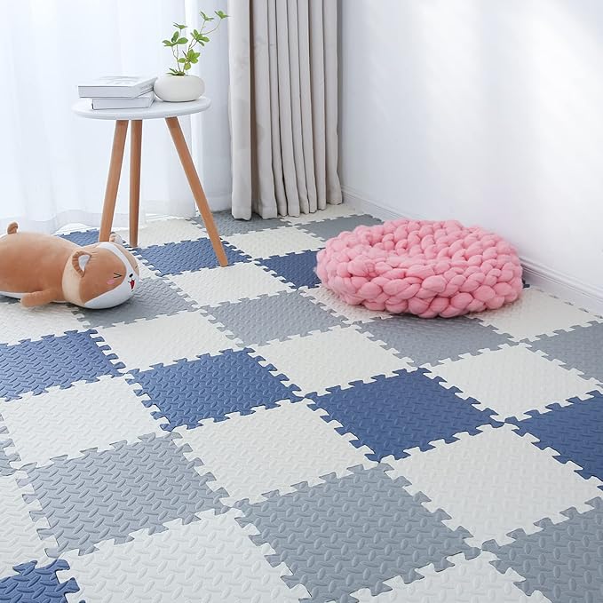 Foam Play Mat for Toddlers, EVA Non-Toxic Interlocking Floor Mats with Solid Colors, Squares Baby Play Mat, EVA Foam Floor Mat Foam Mats for Kids, Baby, 16 Tiles(White/Light Gray/Dark Blue)