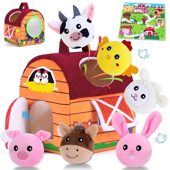Baby Toys 6-12 Months, Little People Farm with Crinkle, Rattle & Squeaker – Little People Barn with Stuffed Farm Animals for Newborn Infants, Montessori Learning Toys for Babies