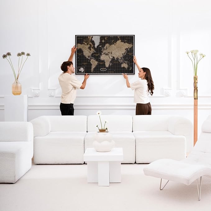 Canvas World Map with Cork Pin Board - English Lettering - Decorative Wall Decoration for All Rooms - Canvas Pictures with World Map Motif (70x50 cm, Pattern 6)