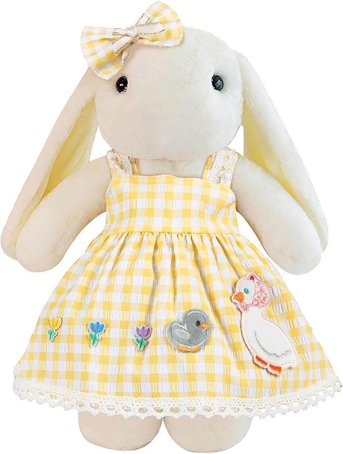 31cm(12") Bashful Bunny Clothes, Cute Plush Animal Clothes for Meddium Teddy Bear - Yellow and White Check Duck Dress & Bow Clip Set (Clothes Only)