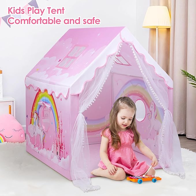 Kids Play Tent Pink Princess Tent for Girls, Large and Foldable Kids Playhouse with Windows, Portable and Lightweight Playtent Indoor &Outdoor for Gift to Toddlers