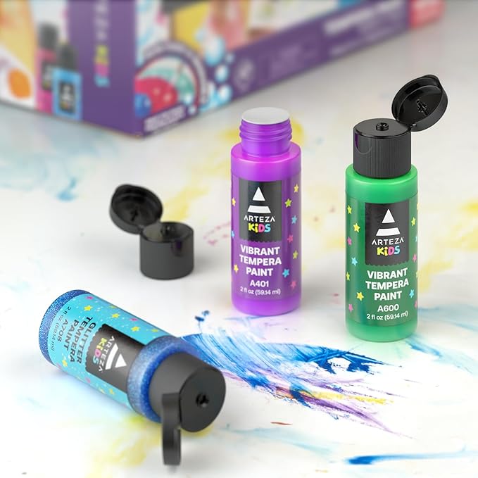 ARTEZA 32 Tempera Paint, 2.03oz/60ml Bottles, Washable Tempera Paint for Kids, Includes Neon, Glitter & Glow-in-The-Dark