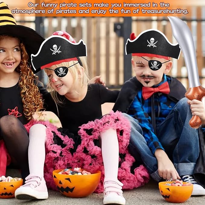 Legigo 48 Pcs Funny Pirate Party Set- Include 16 Pirate Hats, 16 Eye Patches, 16 Inflatable Swords for Pirate Party Cosplay Caribbean Dress Accessories
