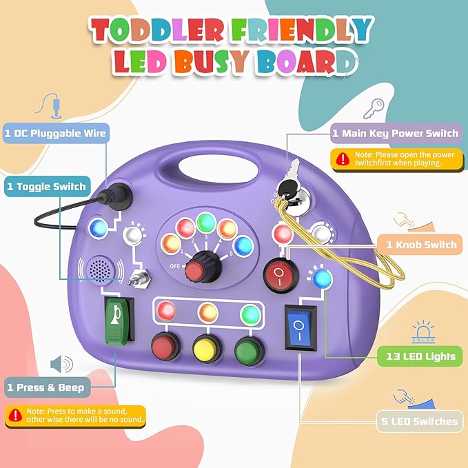 Toddler Baby Busy Board with LED Light, Montessori Busy Board for 1+ Year Old, Baby Sensory Board Toddler Travel Toys for Preschool Learning Activities Boys & Girls Birthday (Purple)