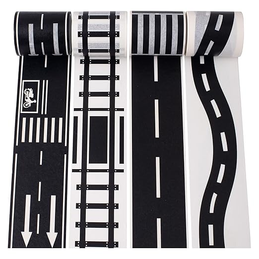 YUBX Highway Washi Tape Set 4 Rolls Black & White Decorative Masking Tapes for Arts, DIY Crafts, Journals, Planners, Scrapbook, Wrapping 50mm x 5m (2" x 16')