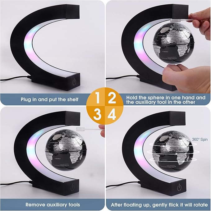 Floating Globe with Colored LED Lights C Shape Anti Gravity Magnetic Levitation Rotating World Map with Touch Switch for Gift Home Office Desk Decoration With Switch(Black)