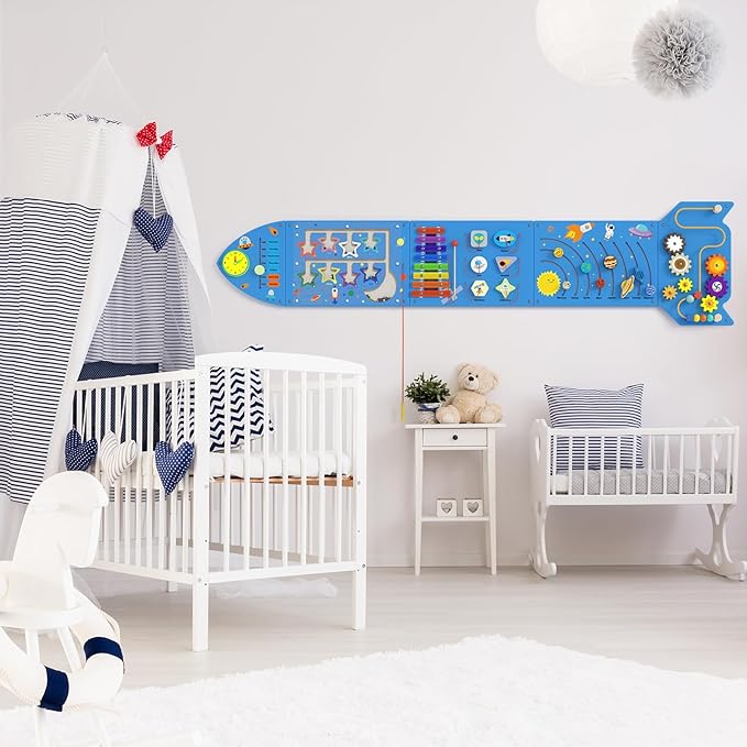 Rocket Activity Wall Busy Board Panels - Sensory Wall Panel for Kids, Montessori Toddler Wall Activity Board, Wall Toys for Toddlers 3, Activity Cube, Wooden Boards, Blue