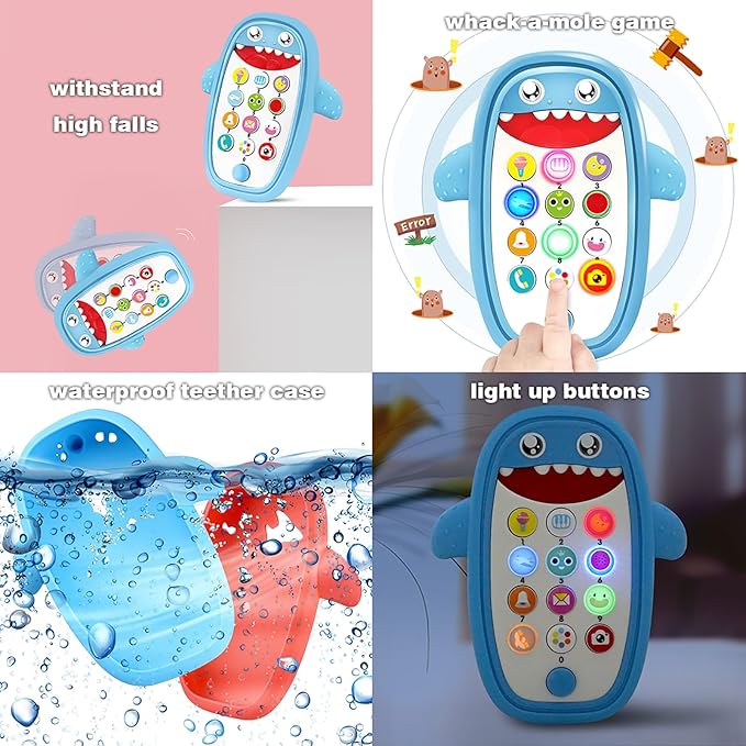 Baby Shark Cell Phone Toy Removable Teether Case, Light, Music & Adjustable Volume Kids Play & Learn Fake Phone Infant Toddler, Preschool Holiday Birthday Present for Girl Boy 12 Months (Blue)