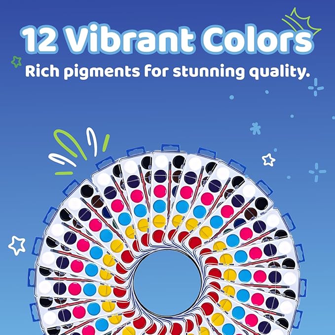 Pack of 24 Watercolor Paint - 12 Washable Paint Palettes (2oz/each) - Water Color Paint Sets for Kids - Ideal for Art Projects, School, Classrooms, and Home - Vibrant Colors and Easy Clean-Up