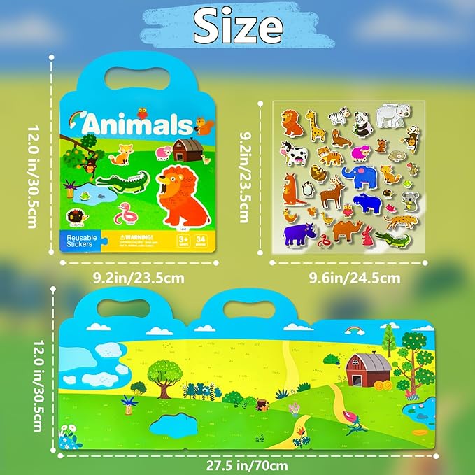 3 Pack Reusable Sticker Books for Kids, Waterproof Puffy Stickers - Match The Shape and DIY Scene, Toddler Travel Essential Quiet Time Activities Toys - Animal, Ocean and Insect (2-6 Age)