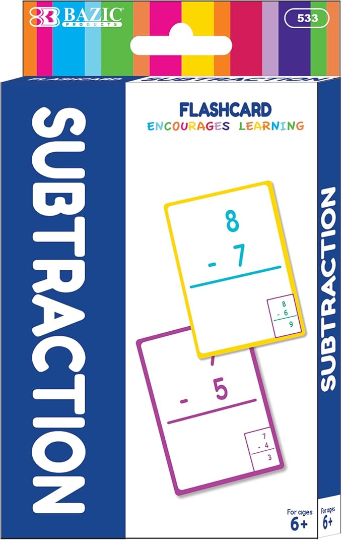 BAZIC Subtraction Flash Cards, Numbers Math Flashcards Game at School Home, Problem Solving (36/Pack), 24-Packs