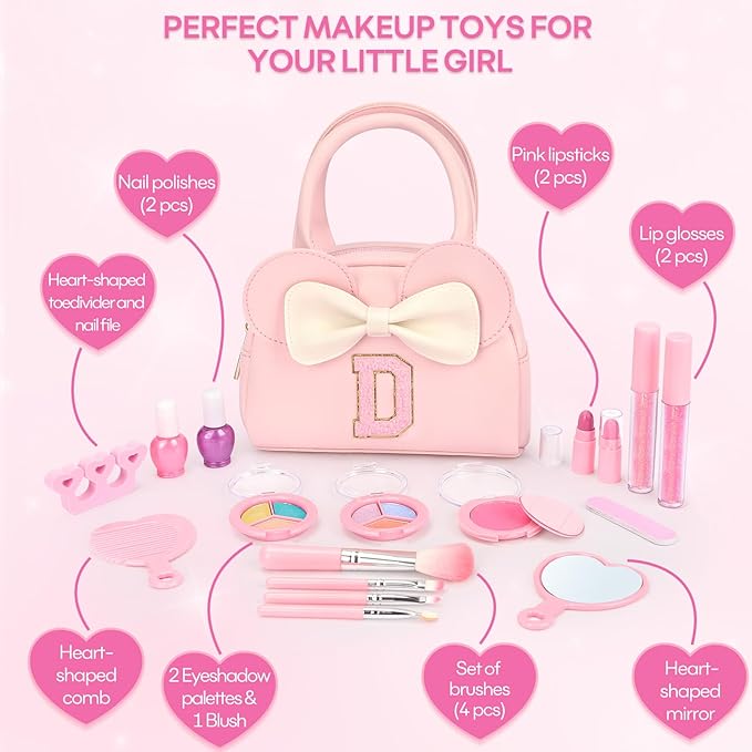 Kids Real Makeup Kit for Girls - 18Pcs Non-Toxic Washable Make Up Toys with Initial Toddler Purse - Personalized Birthday Gifts for Age 3 4 5 6 7 8 9 10 Years Old Girls Vanity Set - D