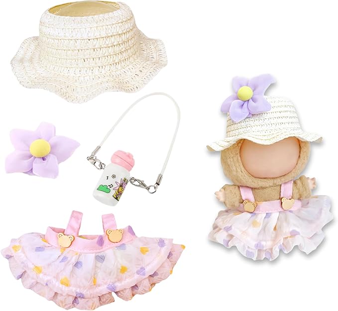 17cm Doll Clothes | Fashion Kawaii Chic Summer Set for Dolls | 4-Piece Outfit with Straw Weave Sun Hat, Floral Decor, Pink Floral Dress & Mini Water Kettle (NO Doll)