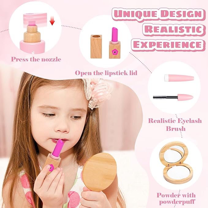 Wooden Makeup Toy Set, Pretend Play Makeup Kit for Toddlers Realistic Beauty Salon Set for Girls with Eyeshadow Lipstick Perfume Brush and Cosmetic Bag Birthday Gifts for Girls Toys Kids Aged 3 4 5 6