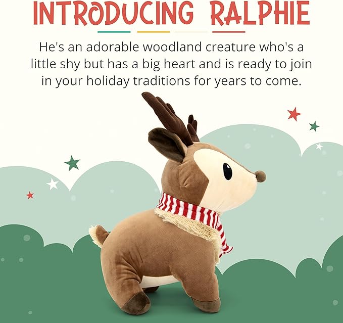 Plush Reindeer Stuffed Animal - Holiday Deer Characters with Antlers Toy - Christmas Decor Animals - Medium Plushie Toys - Ralphie, 14"