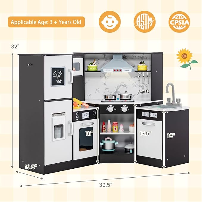 HONEY JOY Corner Kids Kitchen Playset, Modular Wooden Play Kitchen for Toddlers, Range Hood, Separated Washing Basin, Little Chef Pretend Toy Kitchen Set w/Lights and Sounds(Coffee)