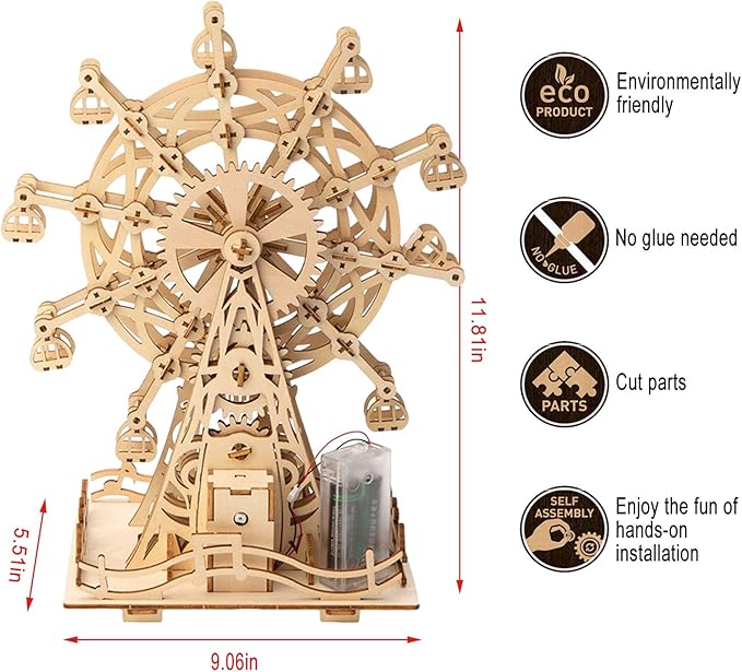 Solar 3D Wooden Puzzle Ferris Wheel DIY Model Kit Craft Sets Wood Mechanical Building Toys for Adult Men Age 14+ Years Old.