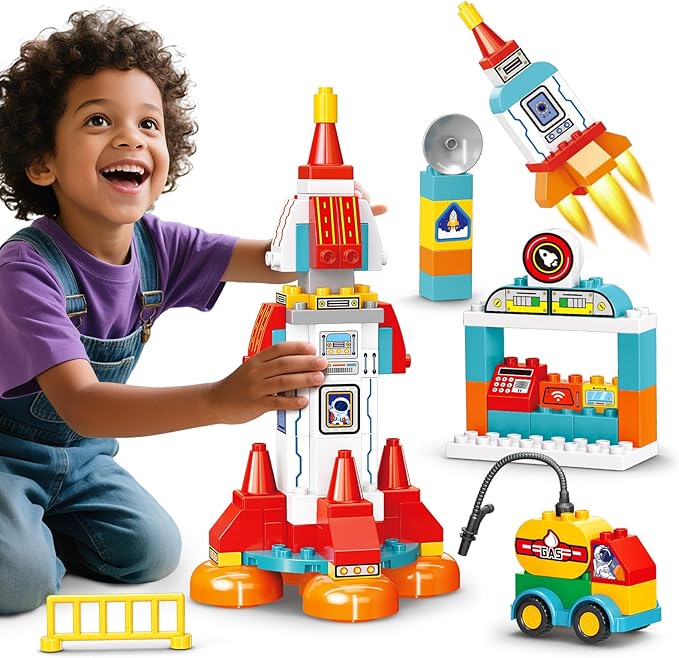 Building Blocks for Toddlers 1-3-5, 131 Pcs Space Rocket STEM DIY Big Classic Building Bricks Toys Set for Kids Ages 2-4-5-8, Compatible With All Major Brands, Spaceship Gift Toy for 3-5 Boys Girls
