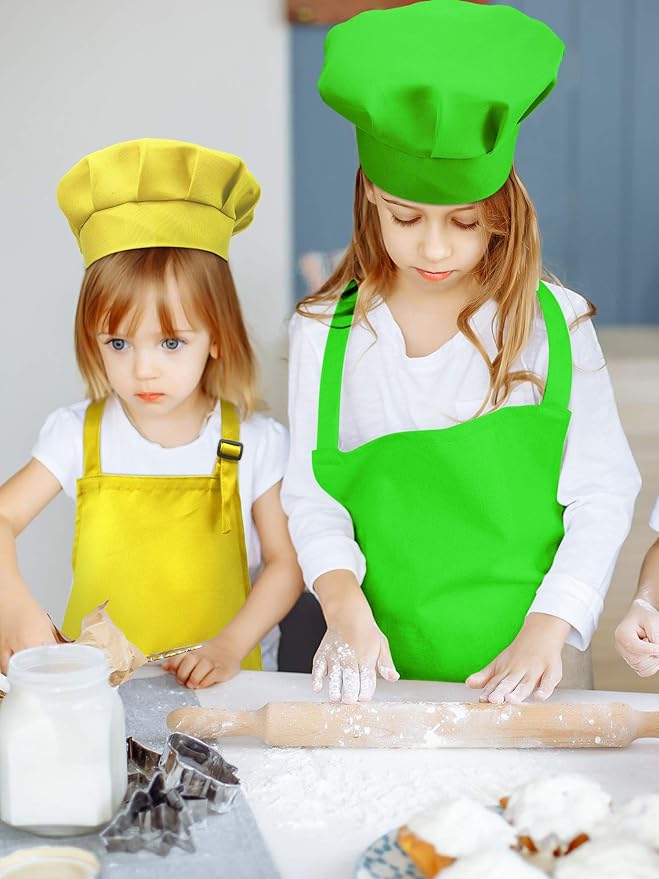 SATINIOR 8 Set Kids Apron and Chef Hat Set Kids Apron with 2 Pockets Adjustable for Boys Girl's Cooking Baking Painting