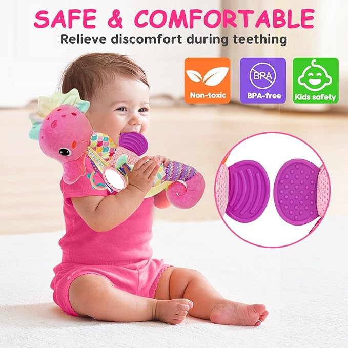 Baby Sensory Toys 0-6 3-6 Months Musical Stuffed Animal Plush Pink Seahorse for Infant 6-12 Month Tummy Time with Baby Mirror Newborn Crinkle Developmental Toy Girls Boys Birthday Gifts 0-3 4 5 Month