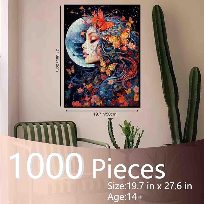 Tucocoo Beautifu Girl Portrait Jigsaw Puzzles for Adults 1000 Pieces, Butterfly Woman Moonnight Art Jigsaw Puzzle Colorful DIY Puzzles for Home Decoration Gifts, Family Puzzle Perfect for Game Nights