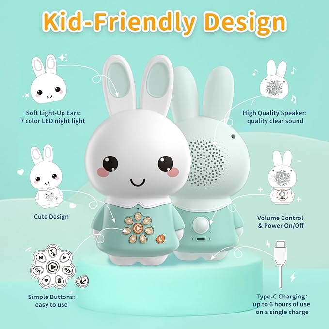 alilo Honey Bunny Pro, Kids Music Player with Night Light, Bluetooth, Recorder, Preloaded 71 Nursery Rhymes, 50 Stories, 55 Soothing Music, Storytelling Toys Gifts for Toddlers Baby Boy Girl, Green