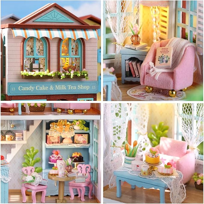DIY Miniature House Kit, CUTEROOM Wooden Dollhouse Kit Mini House Making Kit with Furnitures, DIY Dollhouse Kit Birthday Gift for Women and Girls (Candy Cake)