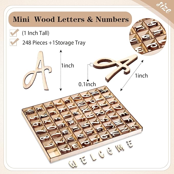 Geelin 248 Pcs 1 Inch Wood Alphabet Letters Numbers with Storage Box Blank Unfinished Wooden Letters Numbers with Rustic Storage Tray for Spelling Learning Education DIY Crafts