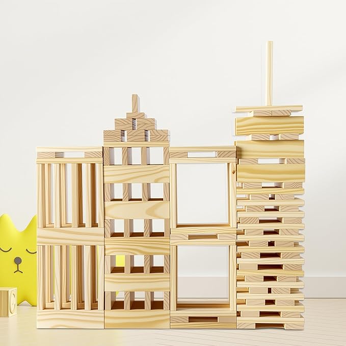 42pcs Large Open Ended Wooden Building Blocks for Kids 19.8 lb, Natural Pine Rectangular Wood Building Toys，Construction Toys for Toddlers, STEM Building Set,Birthday Gift for Ages 3-12 (Medium 9.8")