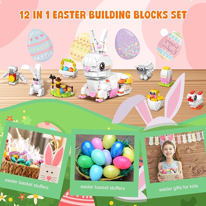 Easter Bunny Building Blocks Set: 12 in 1 Bunny Basket Stuffers Gifts Eggs Fillers Toy for Teen Kids - Cute Party Favors Box Easter Building Toys Sets 12 Eggs Kids Girls