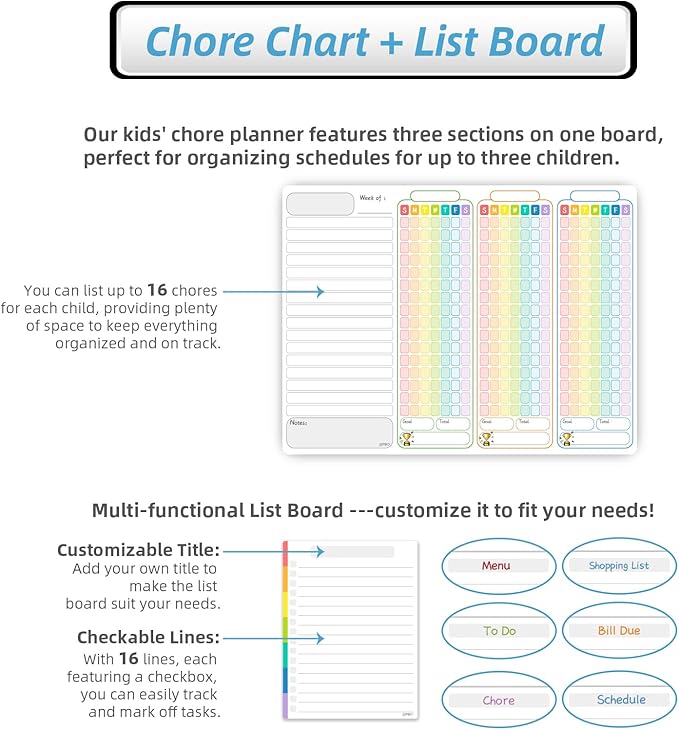 JJPRO Magnetic Chore Chart for Multiple Kids 3 Kids -14.5"x11" Family Chore Chart for Refrigerator, Behavior Chart for Fridge,Dry Erase Chore Chart for Teens