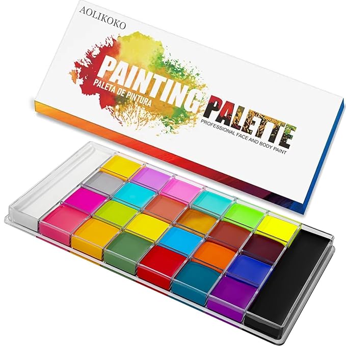 26 Colors Face & Body Paint Palette Kit，Halloween Makeup Kit, face painting kit professional，with 10 Brushes+30 pcs Stickers，Ideal for Halloween Cosplay Party SFX Arty Stage Makeup(26-Colors)