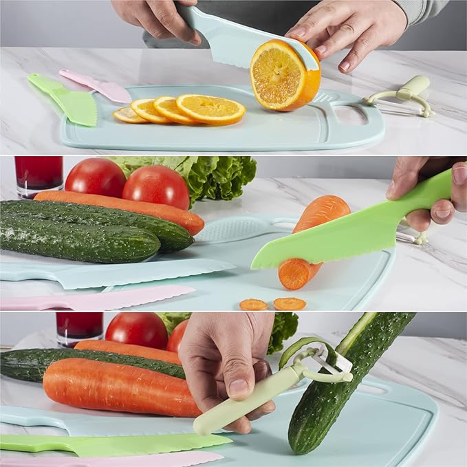 Kids Knifes Set, Kitchen Knife and Cutting Board Set, Children's Cooking Knives in 3 Sizes & Colors/Firm Grip, Serrated Edges, BPA-Free Kids' KnivesLettuce and Cutting Board Peeler