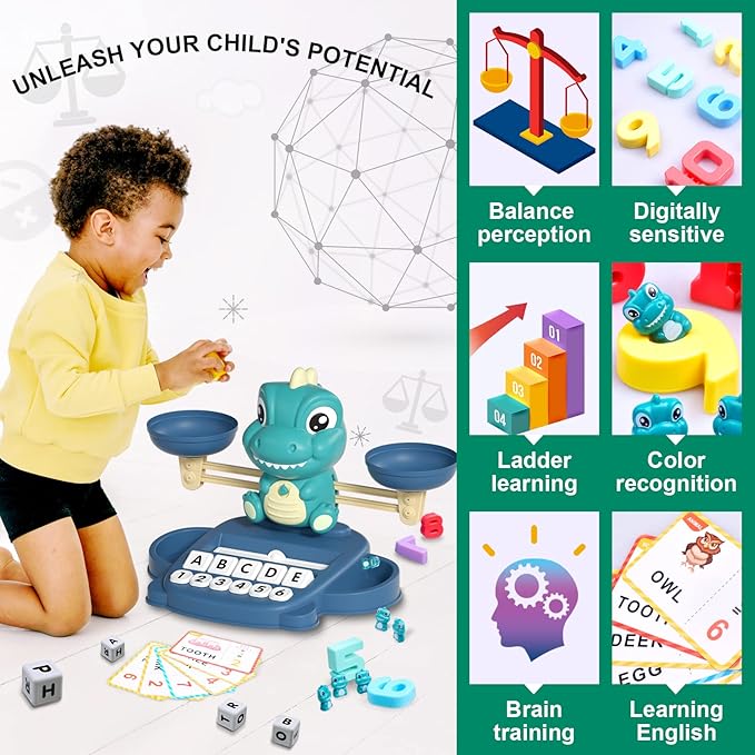 Dinosaur Math Balance Toy for Boys and Girls - Montessori Matching Letter Toy for Kids 3 Year Olds, Educational Kindergarten Preschool Early Learning, Birthday Gift for 4 5 6 7 Years Old