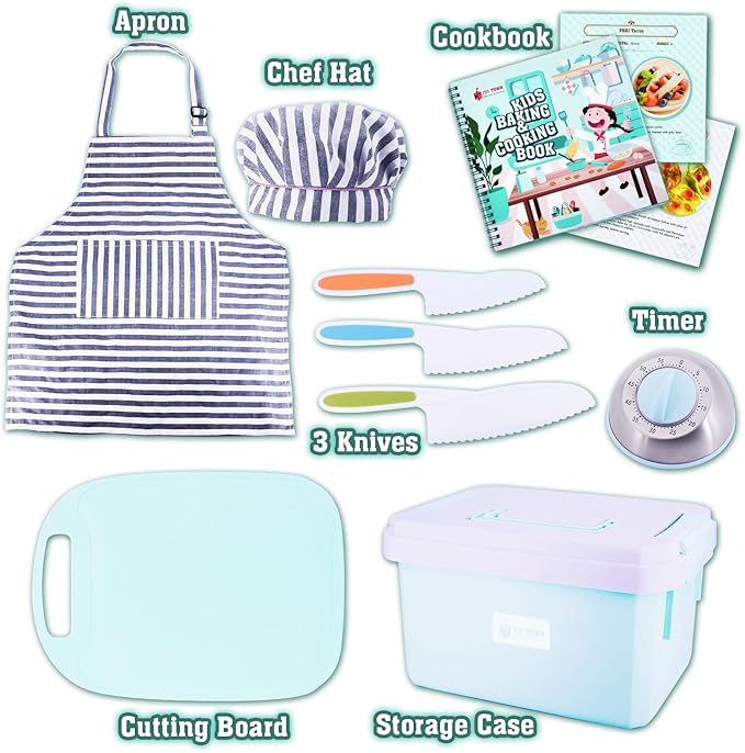 JoyTown Kids Cooking and Baking Set with Storage Case – Real Cooking Supplies with Cookbook, Knives, Timer, Kids Baking Kit for Girls & Boys – Complete Utensils Accessories with Chef Apron & Hat