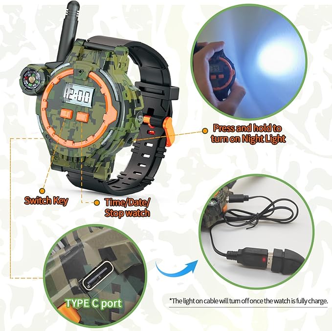 Rechargeable Walkie Talkie for Kids Two-Way Radio Walky Talky with Flashlight Children Outdoor Game Interphone Toy Game and Gifts for Boy and Girl Age 4 to 12 (Camo)
