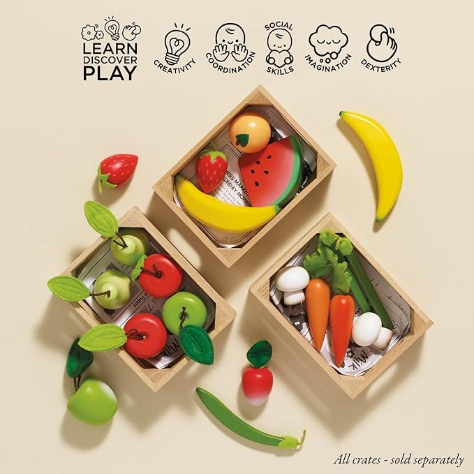 Le Toy Van - Wooden Honeybee Market Vegetables '5 a Day' Crate | Fun Role Play Supermarket Pretend Play Shop Food | Great Gift for Boys Or Girls, Harvest Vegetables Crate (TV182)
