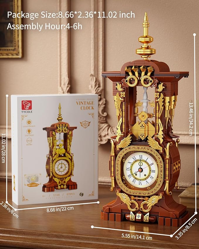 Vintage Clock Building Block Set, Stem Toy with Real Clock Function and Controllable Lighting, Technic Building Kit, Unique Home Decoration and Collectible, Birthday Gifts for Adults & Kids 6-12