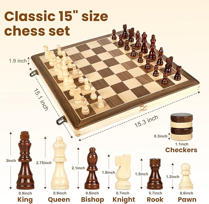 LEAP Magnetic Wooden Chess Sets 15.5 inch Foldable Chess Board 3 inch King Height Chess Pieces, Upper Checker Storage Slots for Beginer, Adults