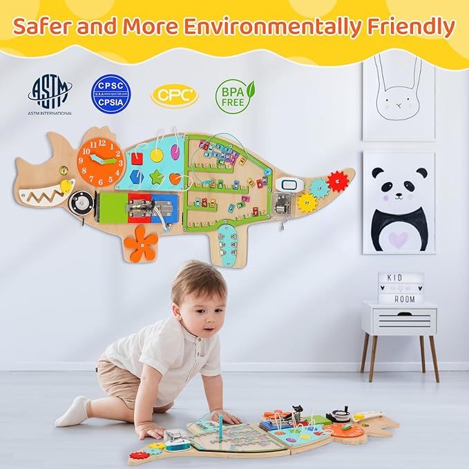 Dinosaur Activity Wall Busy Board Panels, 11-in-1 Montessori Sensory Wall Panel for Kids, Toddler Learning Activity Center, Perfect for Playroom Daycare Nursery Classroom