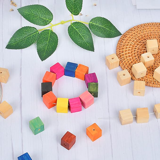 Supkiir Wood Craft Cubes, 100PCS Small Wooden Holes Craft Blocks, Unfinished, 0.63"-16mm Cubic