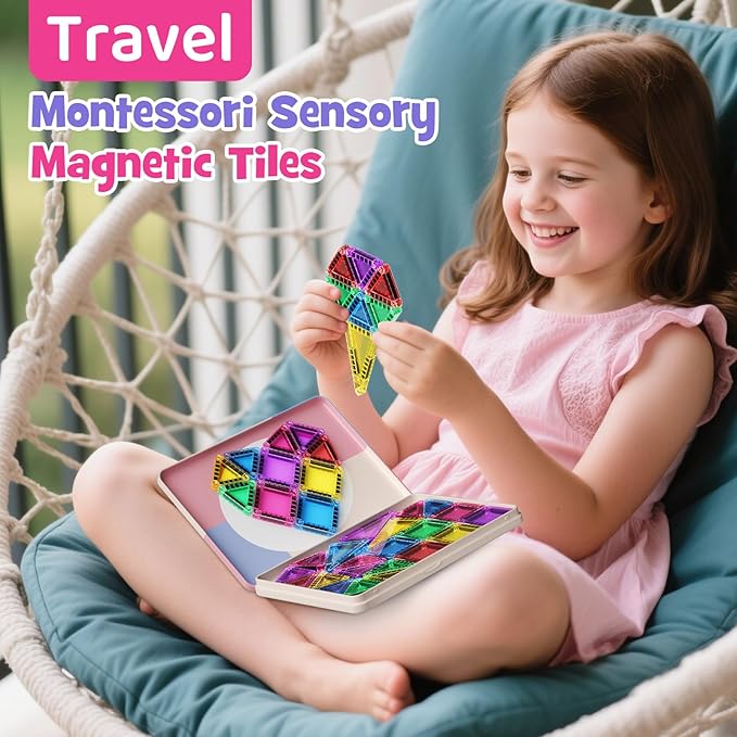 Mini Magnetic Tiles with Iron Box, 42PCS Travel Size Magnet Building Blocks Toy Set, Protable Construction Block Toys Educational Learning Sensory Toys for 3+ Year Old Boys Girls Birthday Gift