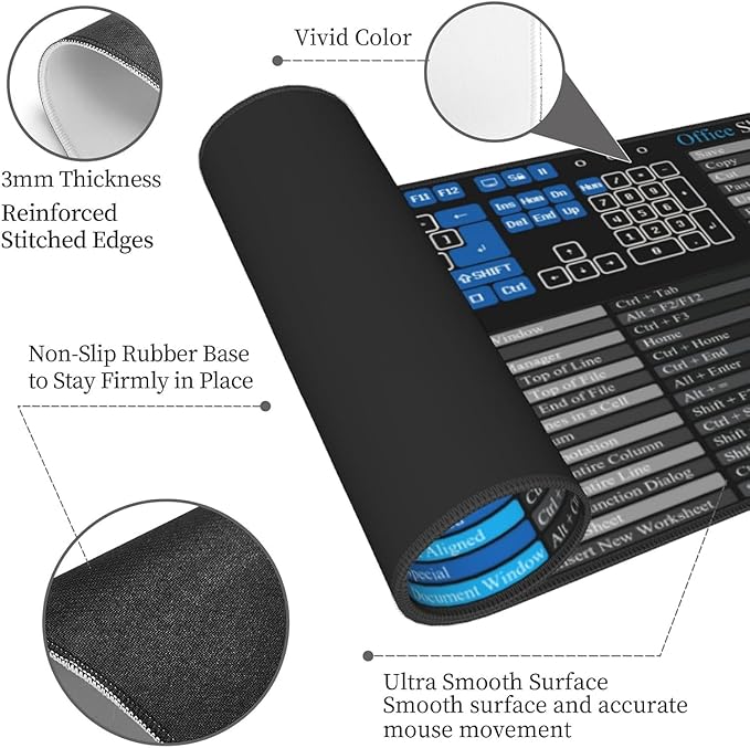 Excel Mouse Pad，Excel Cheat Sheet Desk Pad，Gaming Mouse Pad, Non-Slip Rubber Base Mousepad, Stitched Edges, 31.5x11.8 inch for Home Office
