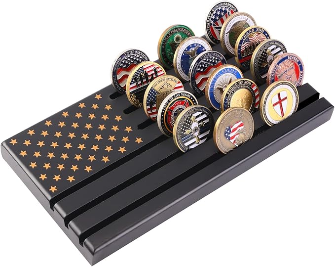 Military Challenge Coins Display Holder,Challenge Coins Stand with American Flag,Army Collectors 6 Rows Military Coin Display Case Rack Solid Wood