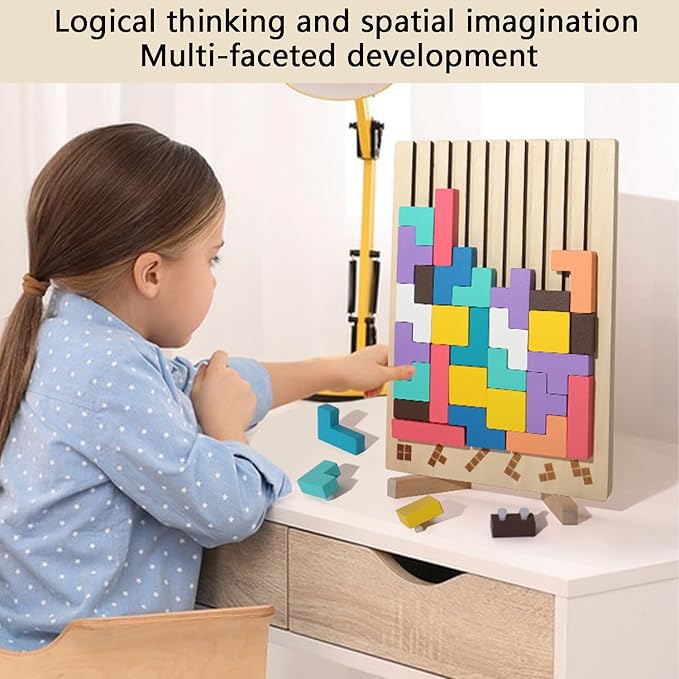Montessori Brain Blocks, Colored 3D Wooden Russian Puzzle, Develops Logic & Spatial Reasoning, Wooden Stacking Puzzle Giant Board Game, Open-Ended Play Thinking for Boys and Girls (B)
